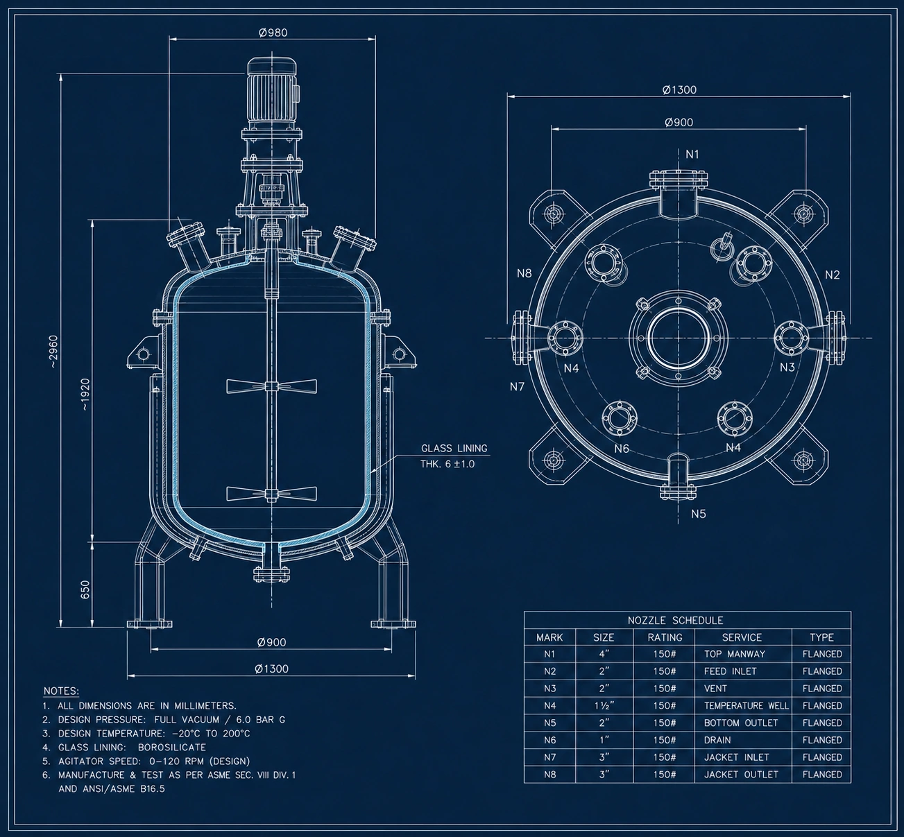 Glass-lined reactor engineering drawing