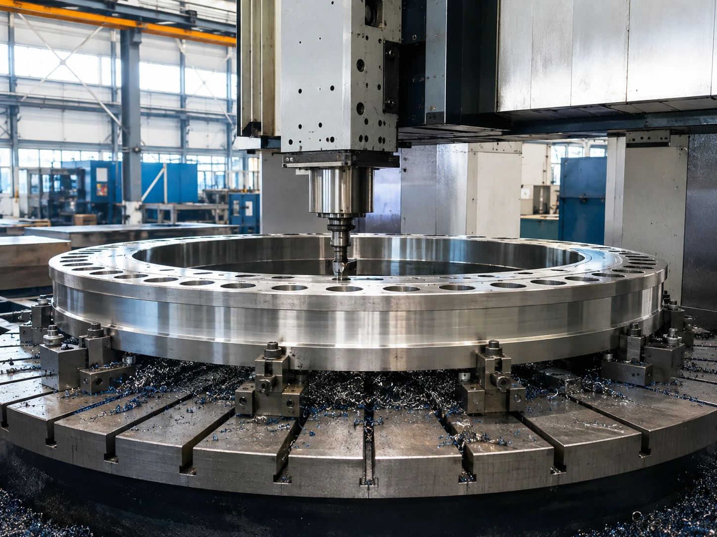CNC machining center processing a large metal flange for process equipment