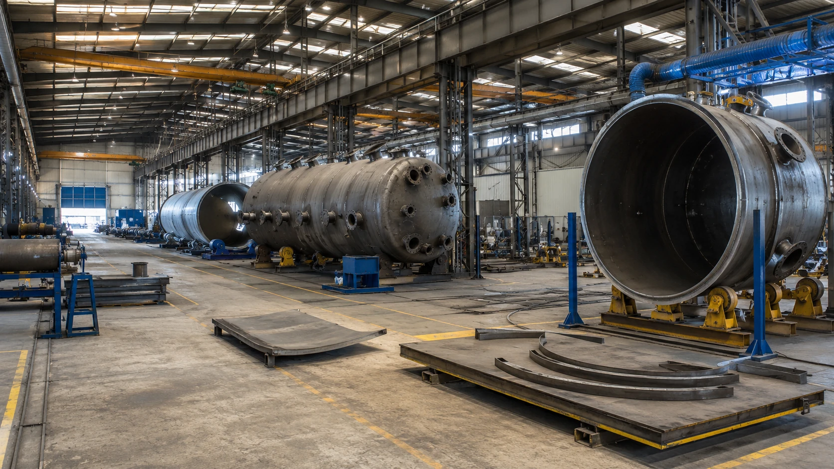 Process vessel fabrication workshop with large steel vessels