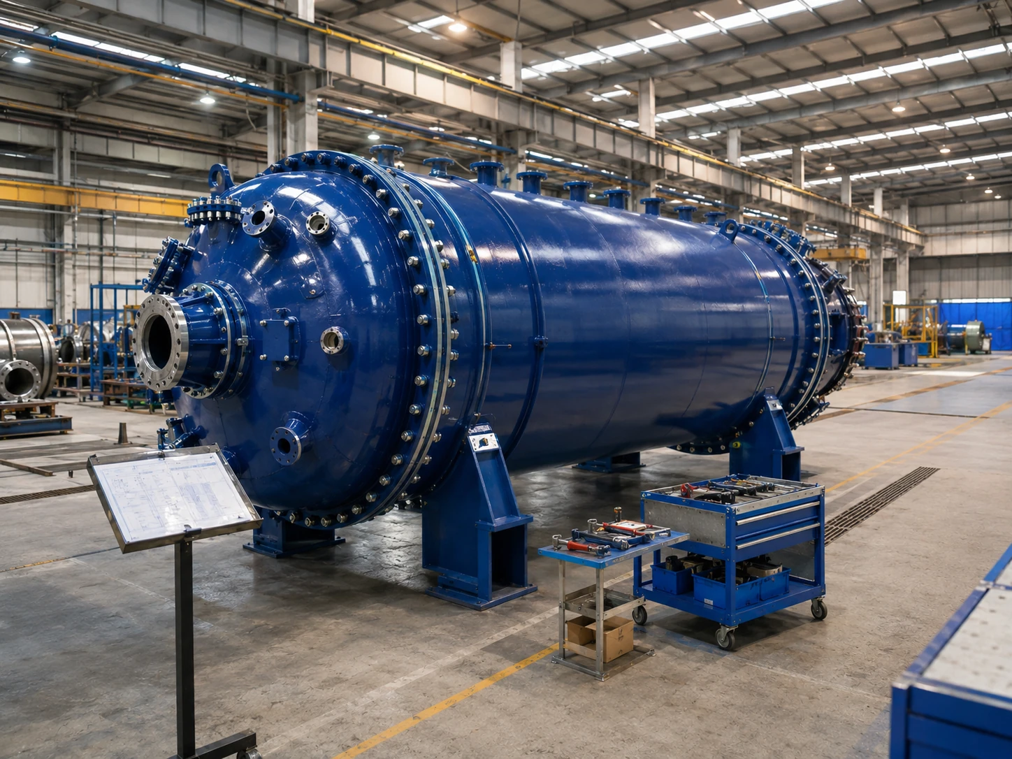 Glass-lined reactors arranged in a process equipment manufacturing workshop
