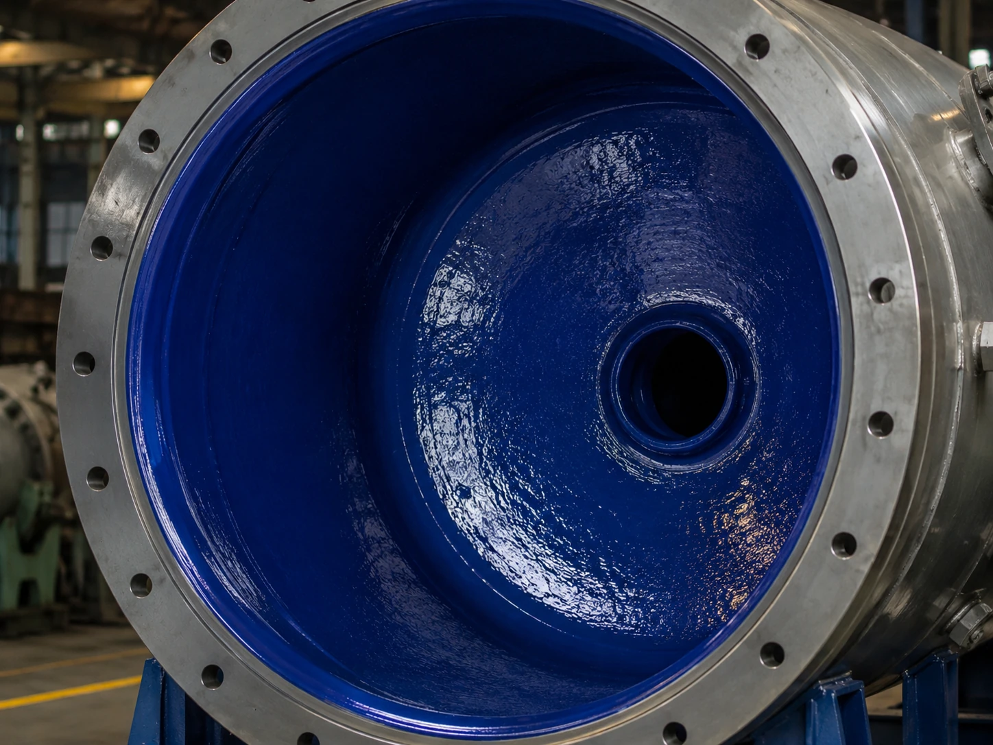 Close-up of smooth blue glass-lined internal surface inside process equipment