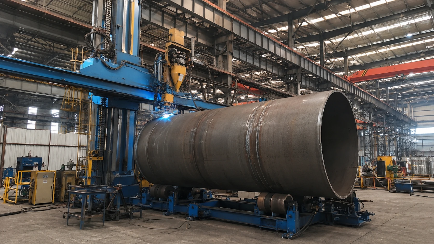 Heavy steel process vessel undergoing welding during fabrication